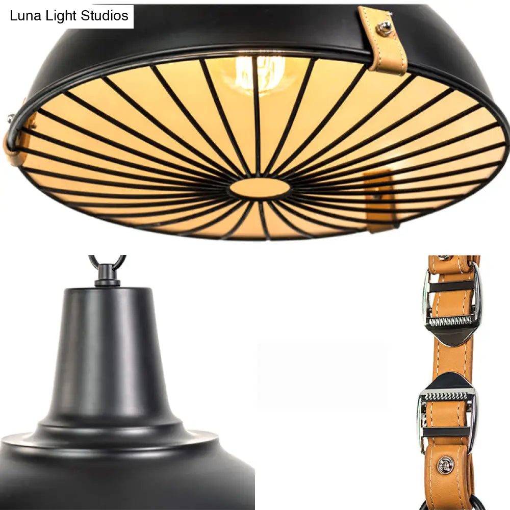 Industrial Dome Pendant Light With Wire Frame And Leather Strap Design - Black Metallic