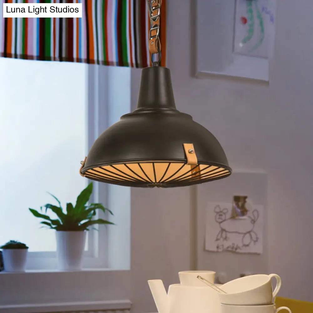 Industrial Black Metallic Dome Pendant Light With Wire Frame And Leather Strap Design