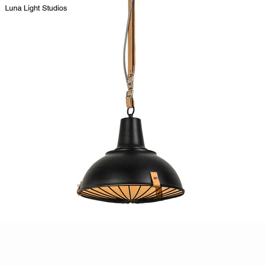 Industrial Dome Pendant Light With Wire Frame And Leather Strap Design - Black Metallic