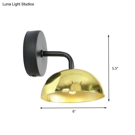 Industrial Dome Shade Metal Wall Sconce - 1 Light Downlight With Curved Arm Black/Brass Finish For