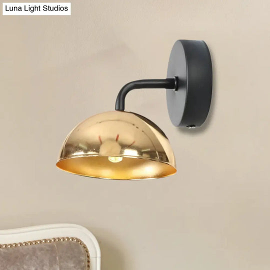 Industrial Dome Shade Metal Wall Sconce - 1 Light Downlight With Curved Arm Black/Brass Finish For