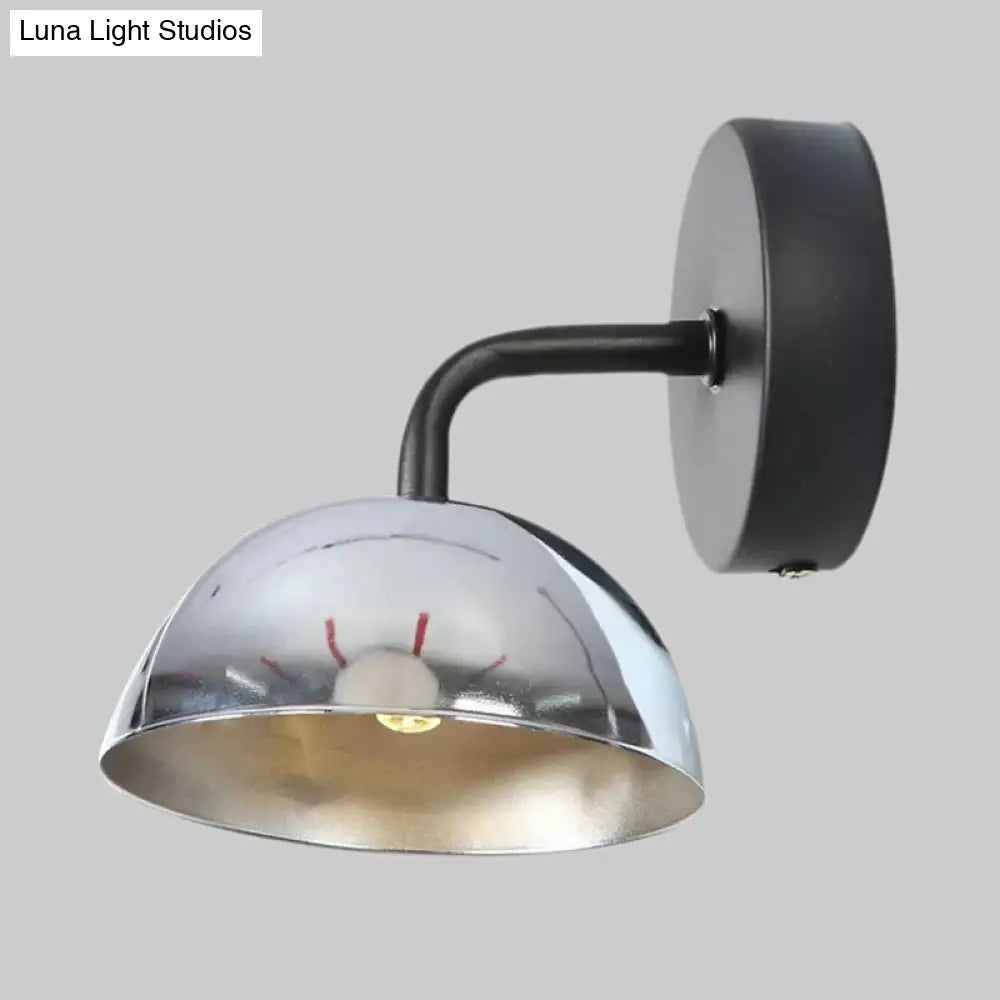 Industrial Dome Shade Metal Wall Sconce - 1 Light Downlight With Curved Arm Black/Brass Finish For