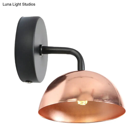 Industrial Dome Shade Metal Wall Sconce - 1 Light Downlight With Curved Arm Black/Brass Finish For