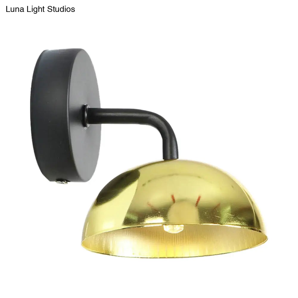 Industrial Dome Shade Metal Wall Sconce - 1 Light Downlight With Curved Arm Black/Brass Finish For