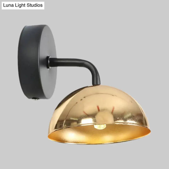 Industrial Dome Shade Metal Wall Sconce - 1 Light Downlight With Curved Arm Black/Brass Finish For