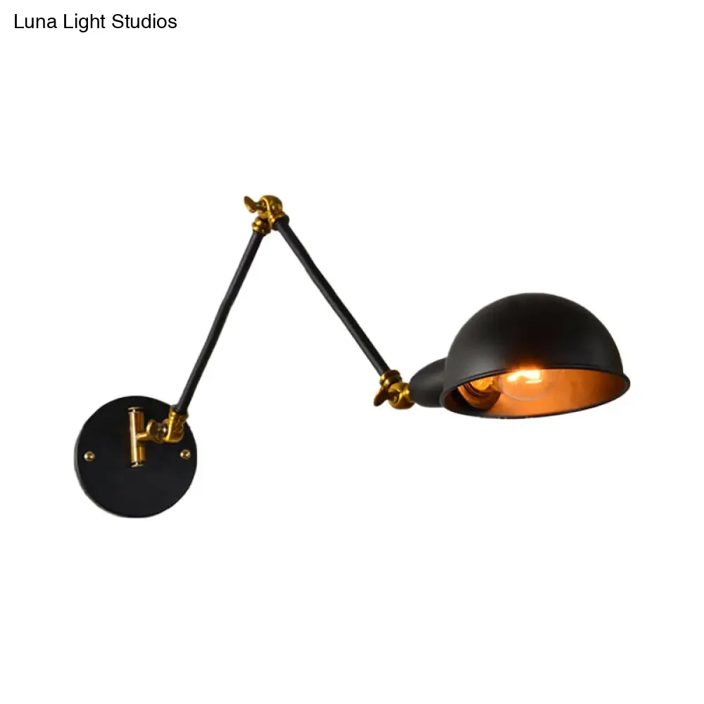 Industrial Dome Wall Sconce With Adjustable Arm For Bedroom Reading - Black Metal