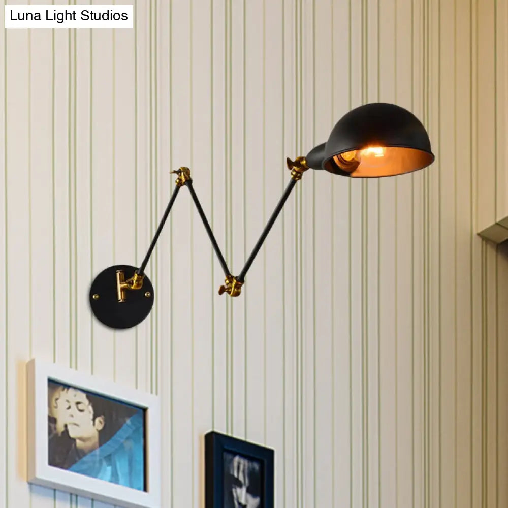 Industrial Dome Wall Sconce With Adjustable Arm For Bedroom Reading - Black Metal