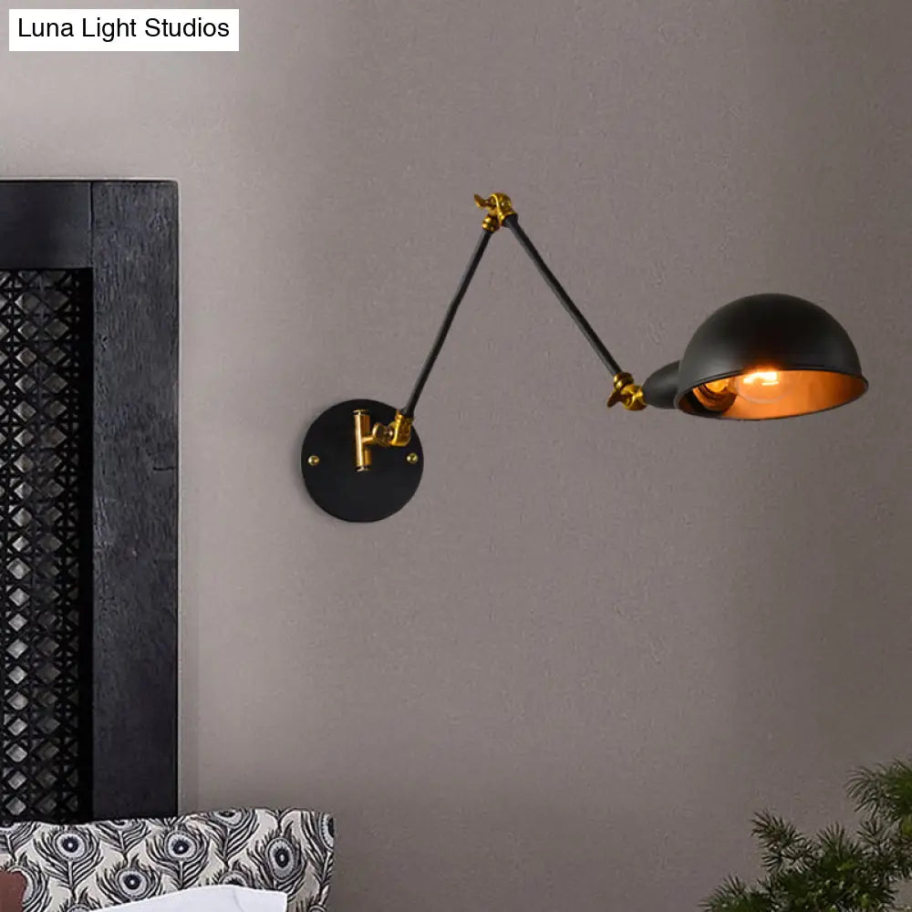 Industrial Dome Wall Sconce With Adjustable Arm For Bedroom Reading - Black Metal