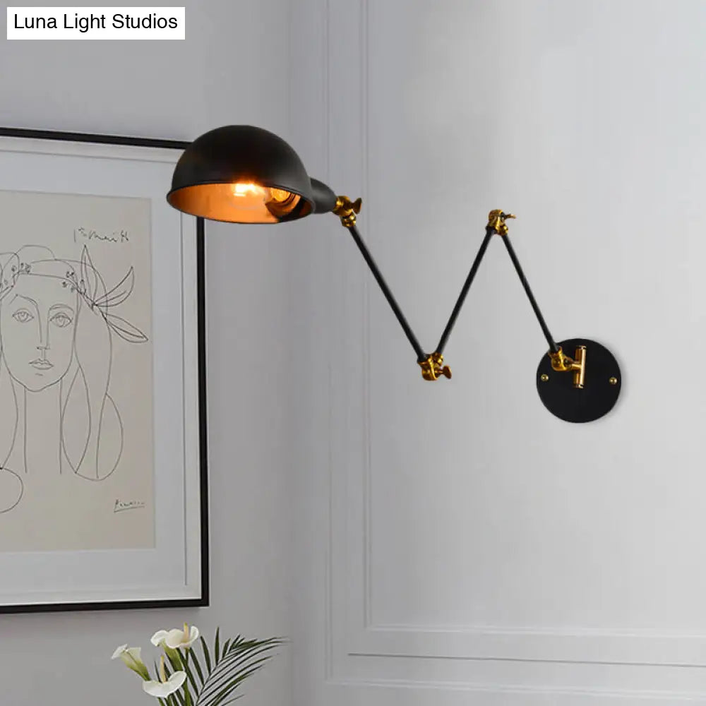 Industrial Dome Wall Sconce With Adjustable Arm For Bedroom Reading - Black Metal