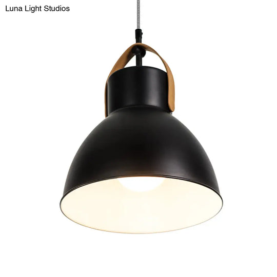 Industrial Domed Metallic Pendant Lamp With Glass Diffuser And Leather Strap - Black