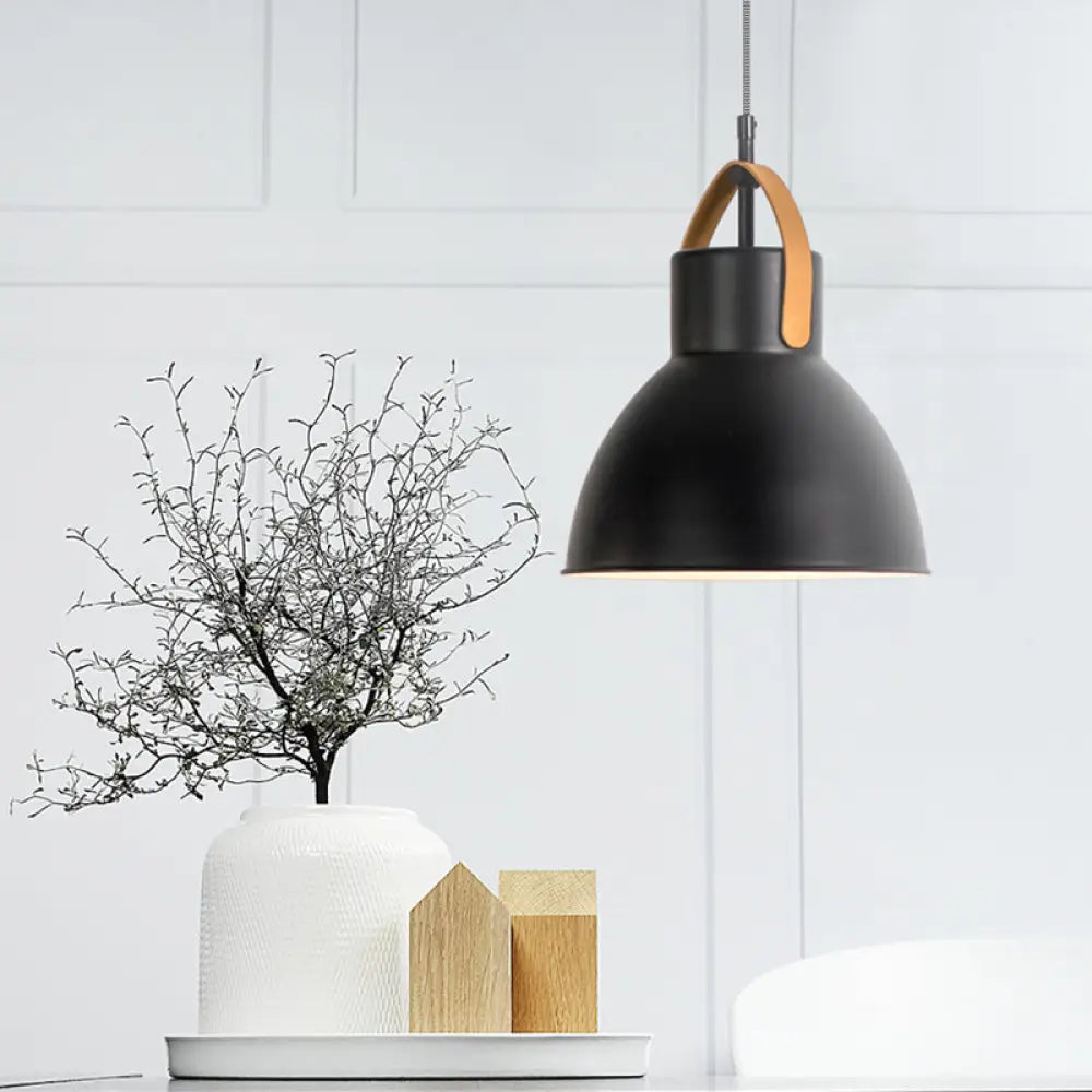 Industrial Domed Metallic Pendant Lamp With Glass Diffuser And Leather Strap - Black