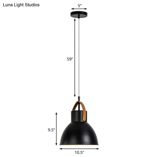 Industrial Metal Pendant Lamp With Glass Diffuser And Leather Strap - 1 Head Hanging Light In Black