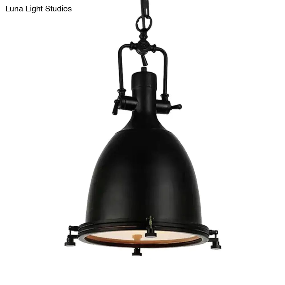 Industrial Domed Pendant Lamp - 1 Light Metal Ceiling Fixture In Black/Silver/Rust With Hanging