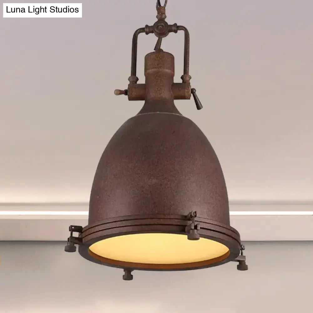 Industrial Domed Pendant Lamp - 1 Light Metal Ceiling Fixture In Black/Silver/Rust With Hanging