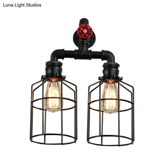 Industrial Double Caged Iron Sconce Lighting - 2 Lights Valve Wheel Black Wall Fixture For Hallways