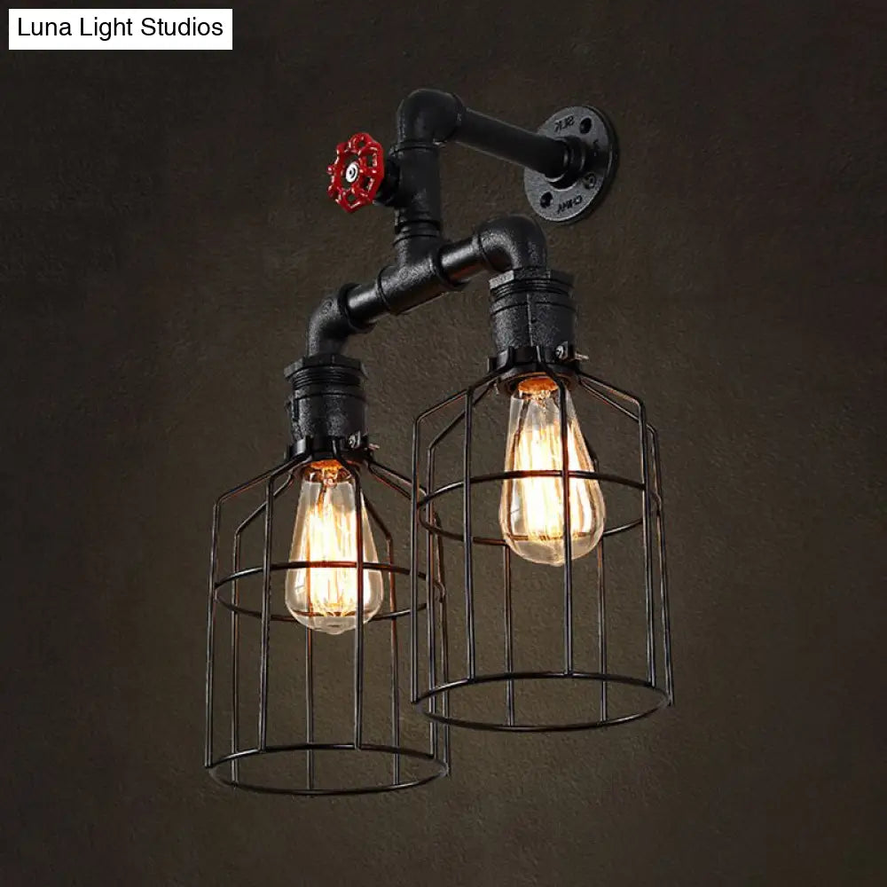 Industrial Double Caged Iron Sconce Lighting - 2 Lights Valve Wheel Black Wall Fixture For Hallways