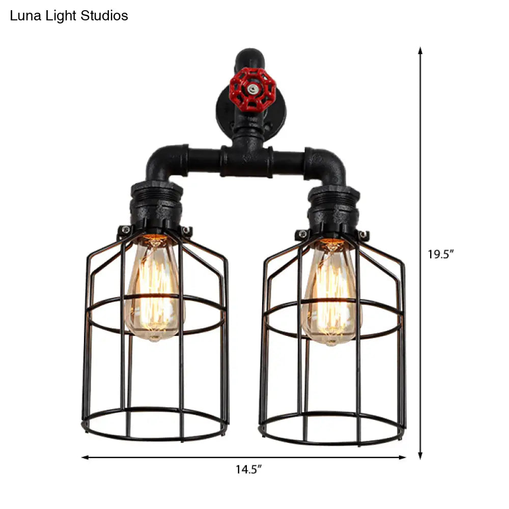 Industrial Double Caged Iron Sconce Lighting - 2 Lights Valve Wheel Black Wall Fixture For Hallways