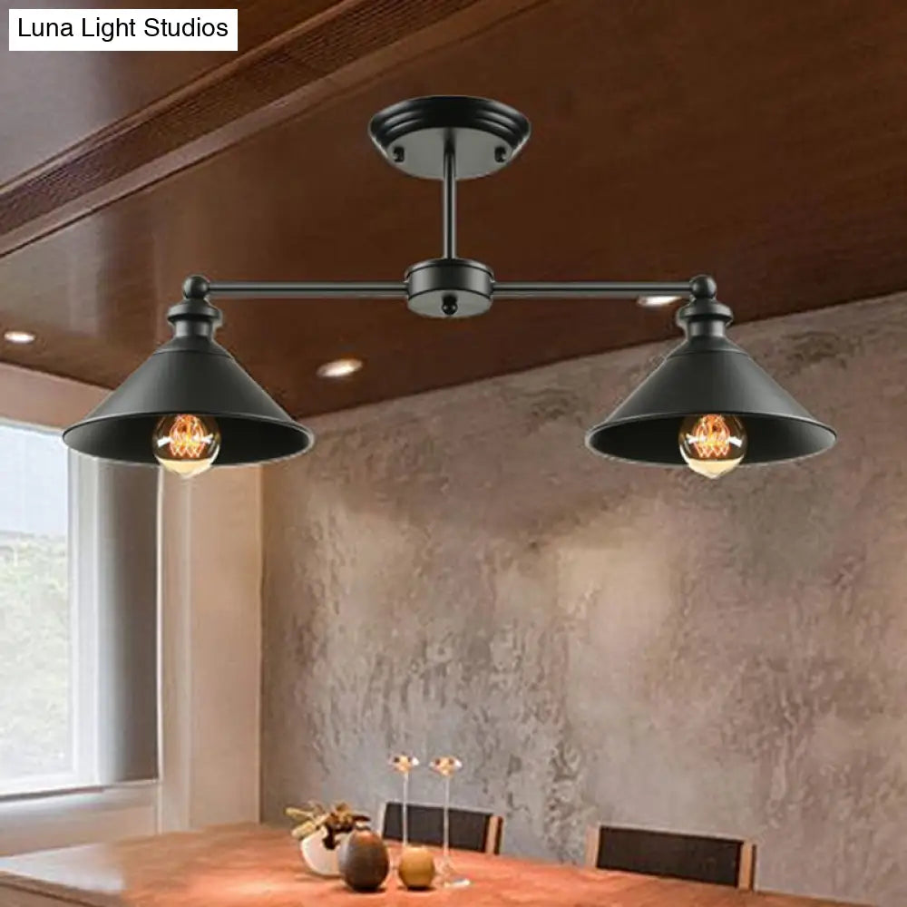 Industrial Double Conic Metallic Semi Flush Mount Ceiling Light With 2 Lights In Black For Dining