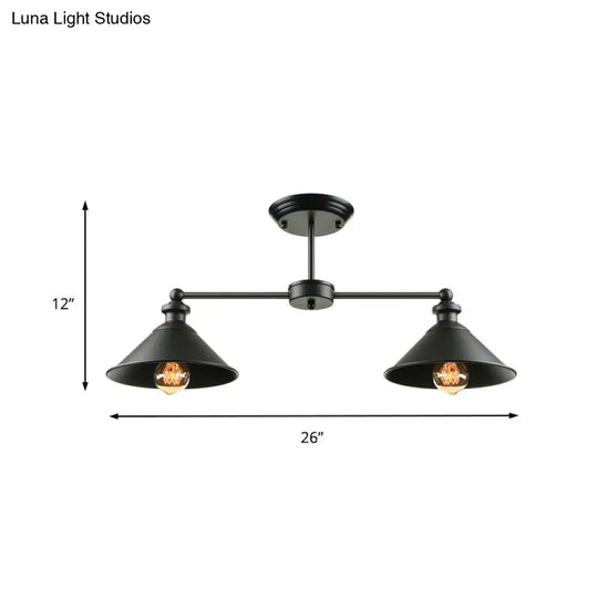 Industrial Double Conic Metallic Semi Flush Mount Ceiling Light With 2 Lights In Black For Dining