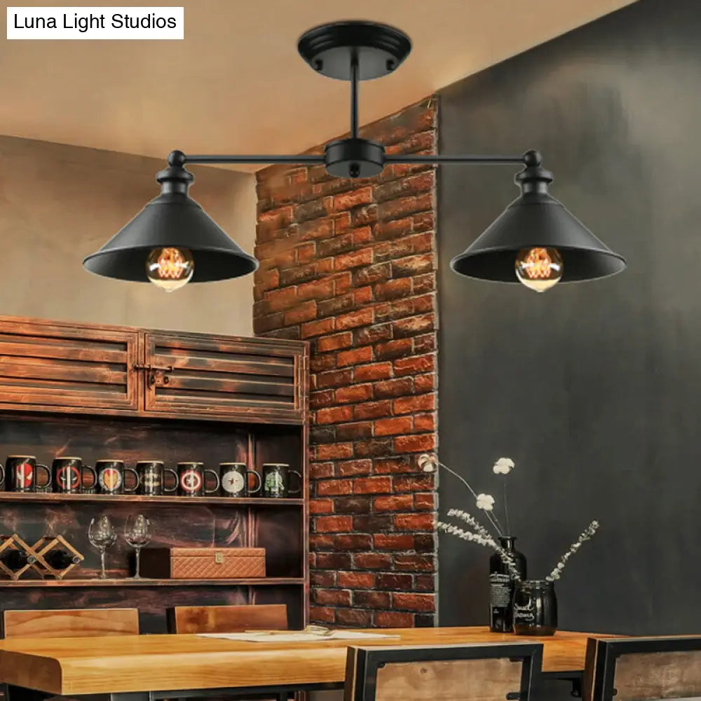 Industrial Double Conic Metallic Semi Flush Mount Ceiling Light With 2 Lights In Black For Dining