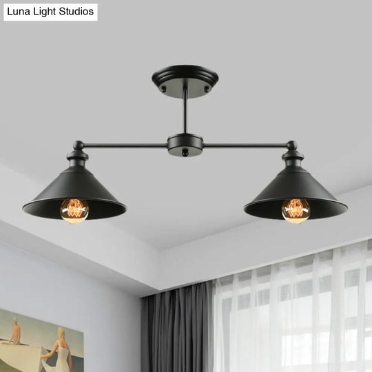 Industrial Double Conic Metallic Semi Flush Mount Ceiling Light With 2 Lights In Black For Dining