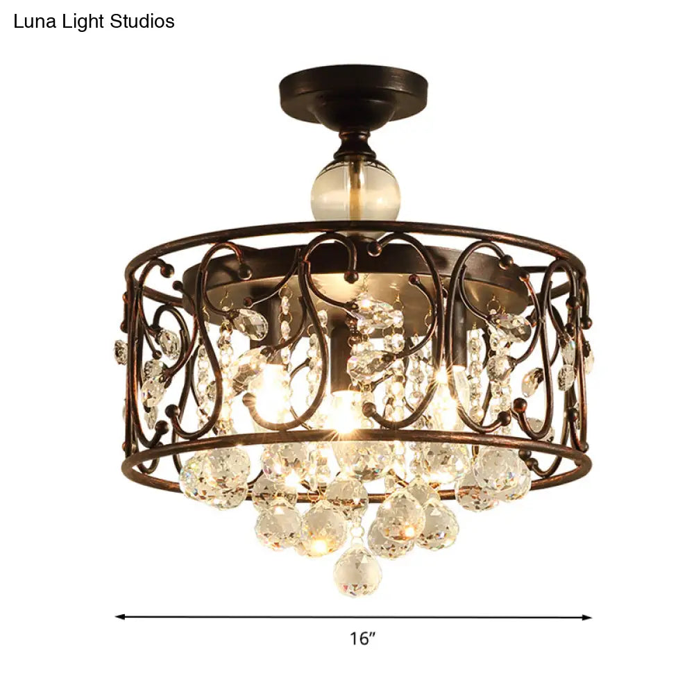 Industrial Drum Metal Ceiling Light Fixture - Antique Copper Semi Flush Mount With Crystal Ball 3
