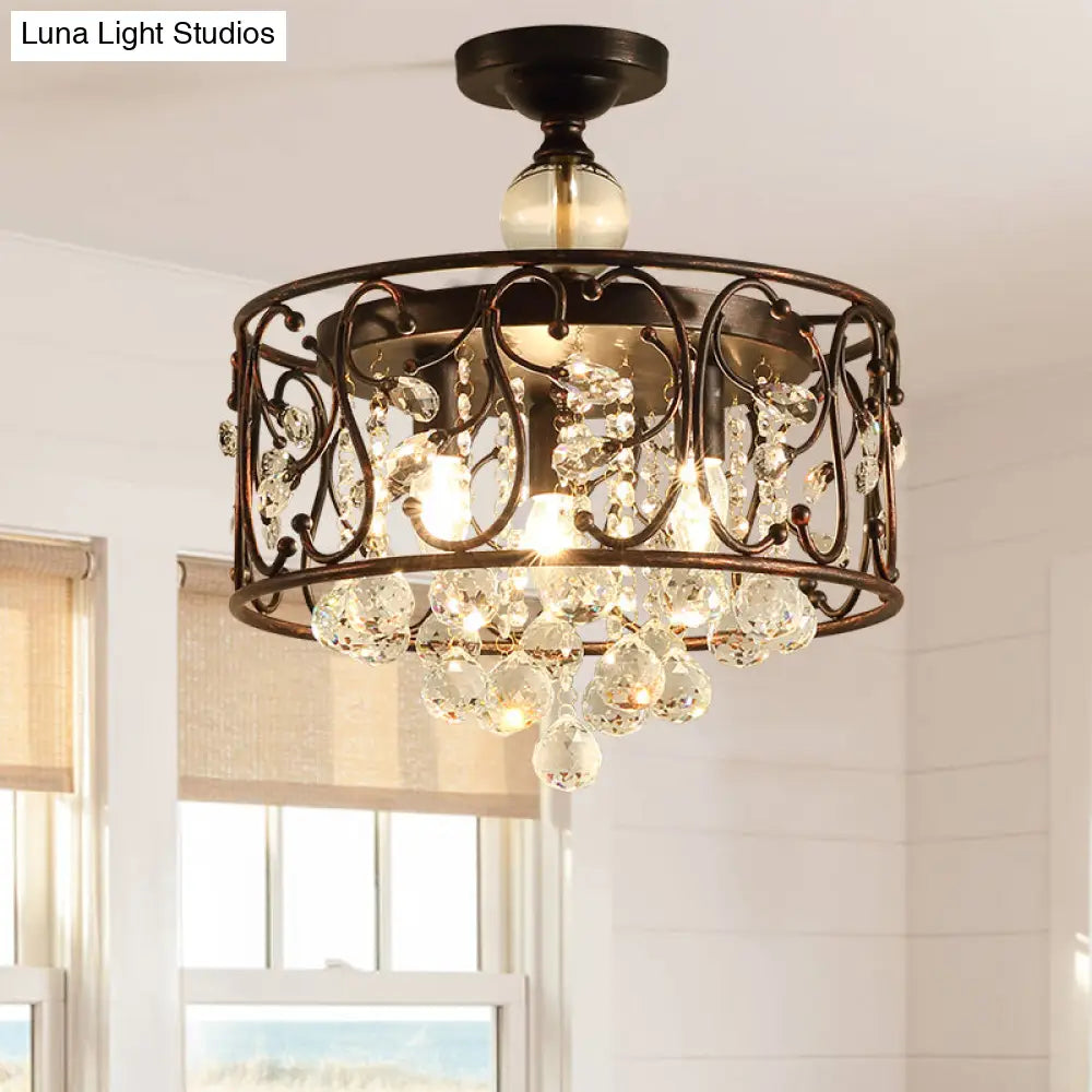 Industrial Drum Metal Ceiling Light Fixture - Antique Copper Semi Flush Mount With Crystal Ball 3