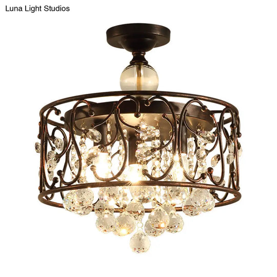 Industrial Drum Metal Ceiling Light Fixture - Antique Copper Semi Flush Mount With Crystal Ball 3