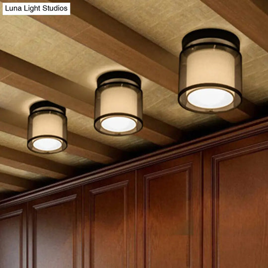 Industrial Dual-Layer Black Fabric Ceiling Light Fixture - Flush Mount Cylinder Design