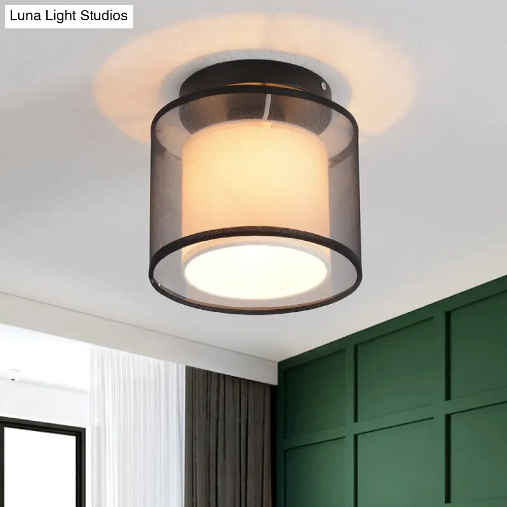 Industrial Dual-Layer Black Fabric Ceiling Light Fixture - Flush Mount Cylinder Design