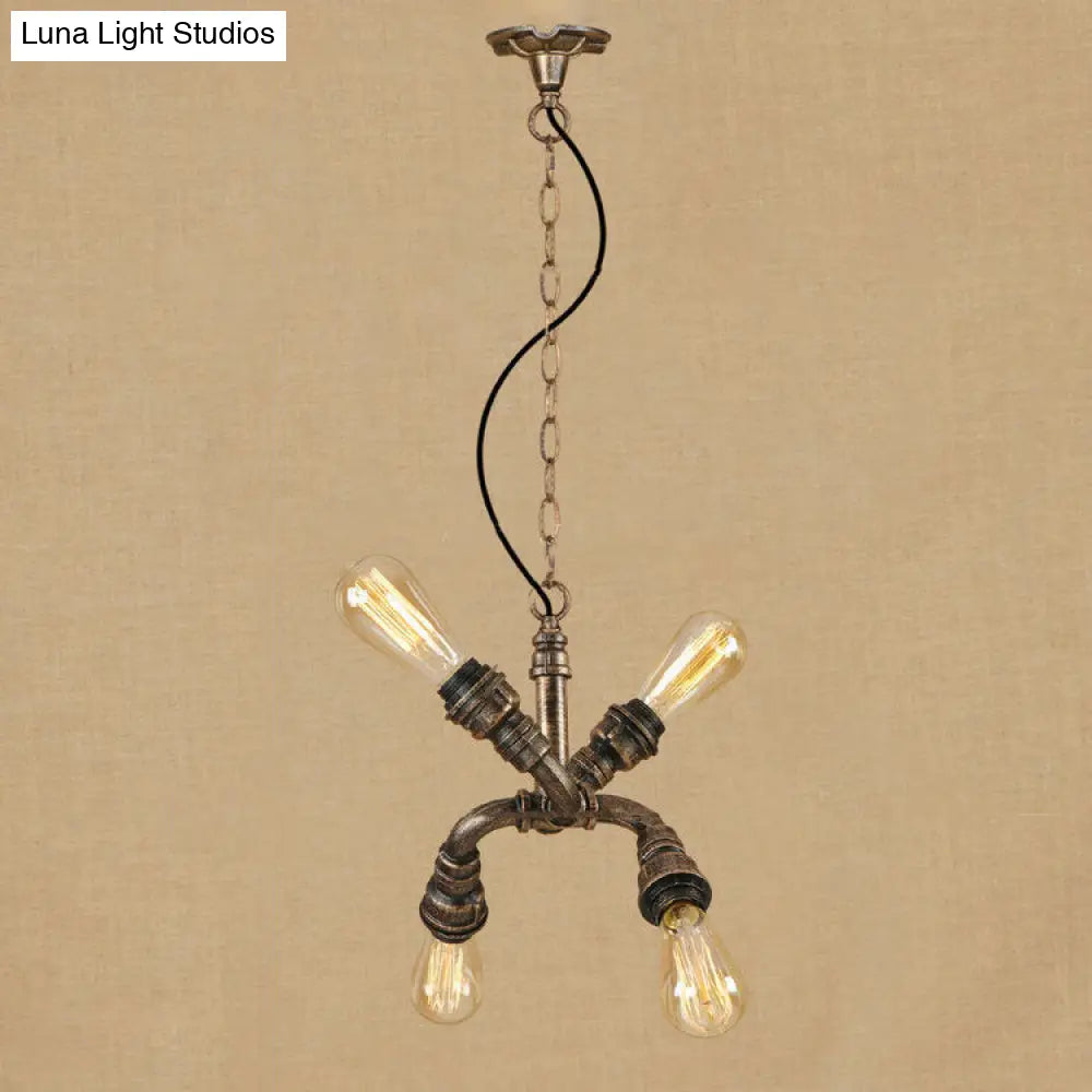 Industrial Wrought Iron Chandelier Pendant Light - Exposed Bulbs 4 Heads Bronze/Aged Bronze Finish