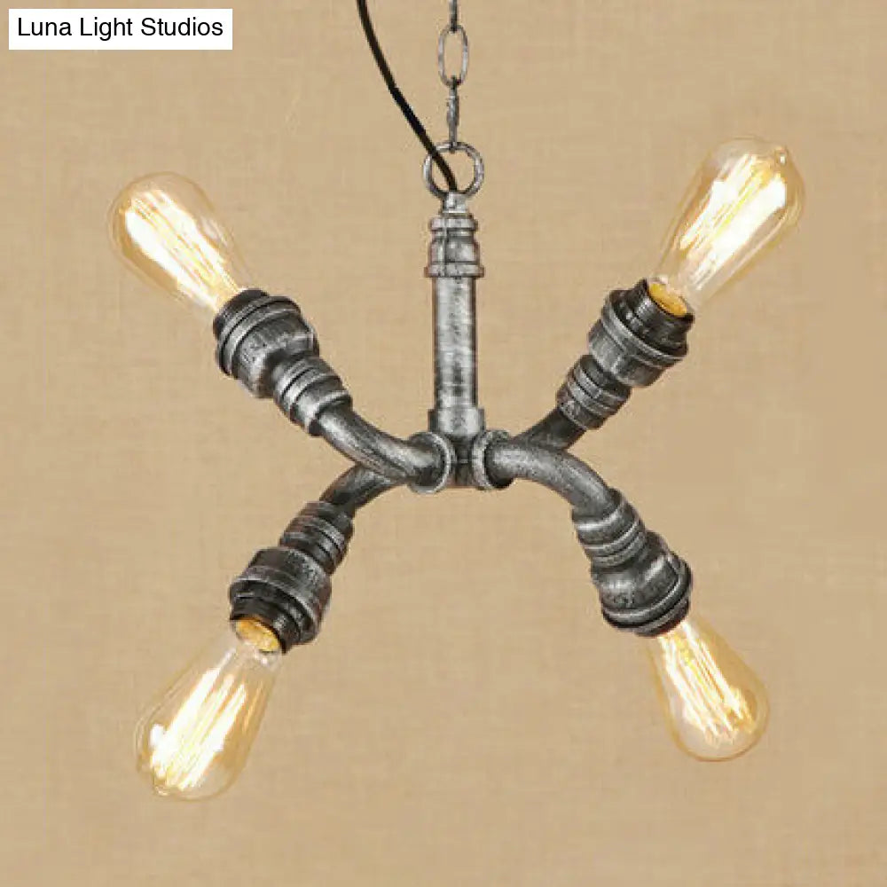 Industrial Wrought Iron Chandelier Pendant Light - Exposed Bulbs 4 Heads Bronze/Aged Bronze Finish