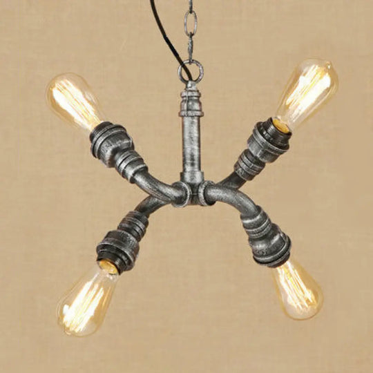 Industrial Exposed Bulb Chandelier Pendant Light - 4-Head Wrought Iron Hanging Fixture With Water