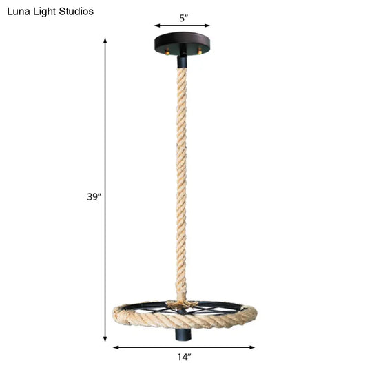 Industrial Exposed Bulb Hanging Light Kit - Metal & Rope Bedroom Pendant Black