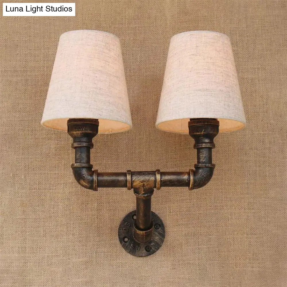 Industrial Fabric Cone Wall Sconce With Pipe Design - 1/2-Bulb Living Room Lighting In Bronze