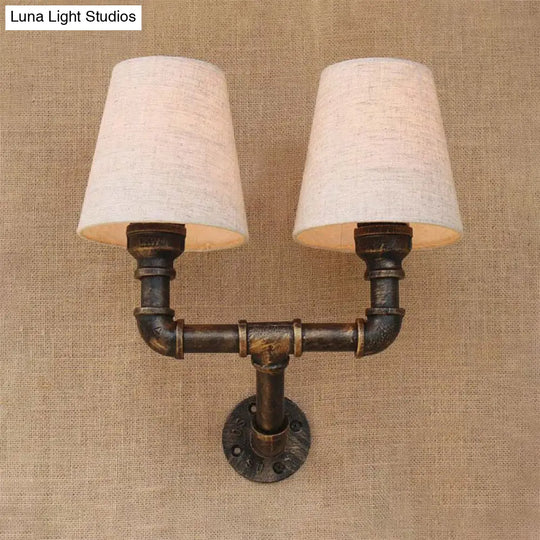 Industrial Fabric Cone Wall Sconce With Pipe Design - 1/2-Bulb Living Room Lighting In Bronze