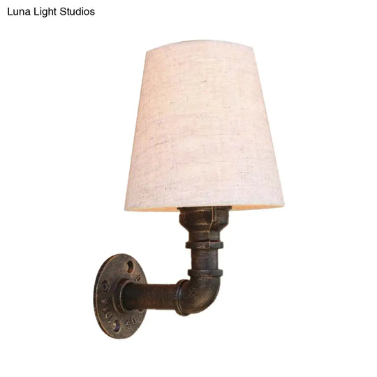 Industrial Fabric Cone Wall Sconce With Pipe Design - 1/2-Bulb Living Room Lighting In Bronze