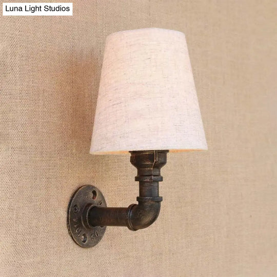 Industrial Fabric Cone Wall Sconce With Pipe Design - 1/2-Bulb Living Room Lighting In Bronze