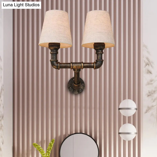 Industrial Fabric Cone Wall Sconce With Pipe Design - 1/2-Bulb Living Room Lighting In Bronze