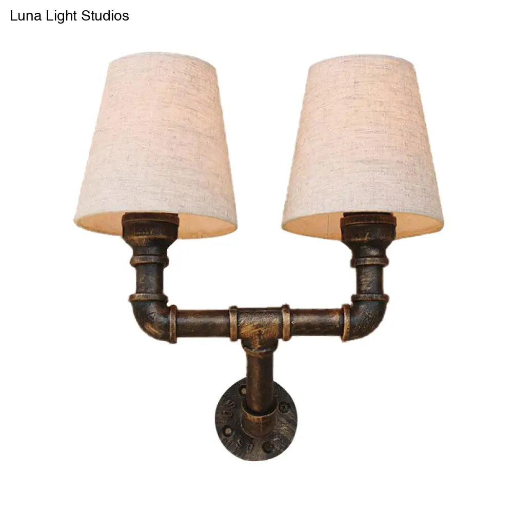 Industrial Fabric Cone Wall Sconce With Pipe Design - 1/2-Bulb Living Room Lighting In Bronze