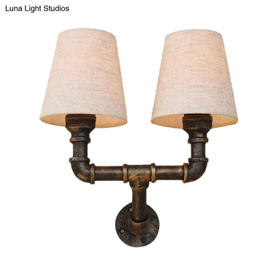 Industrial Fabric Cone Wall Sconce With Pipe Design - 1/2-Bulb Living Room Lighting In Bronze