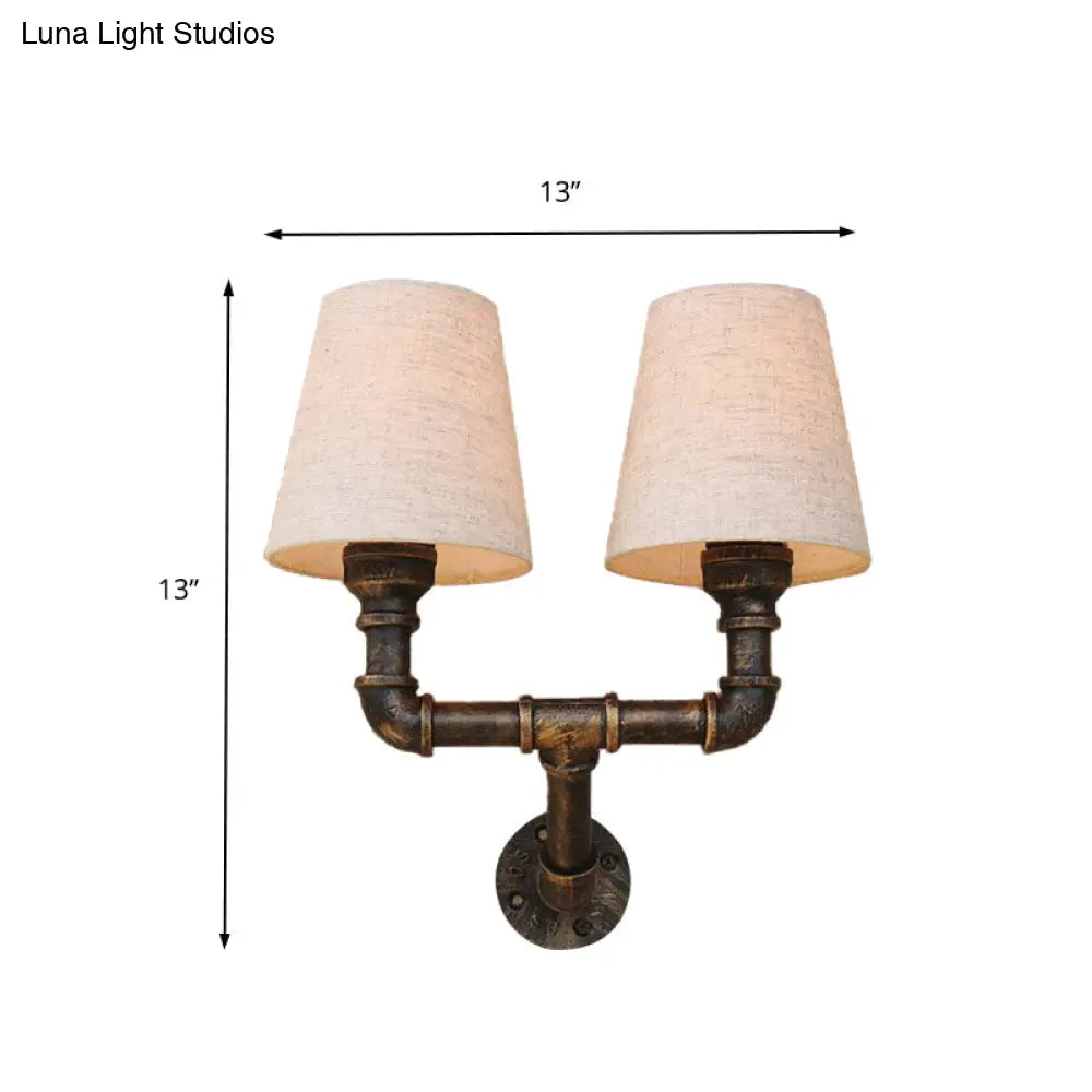 Industrial Fabric Cone Wall Sconce With Pipe Design - 1/2-Bulb Living Room Lighting In Bronze