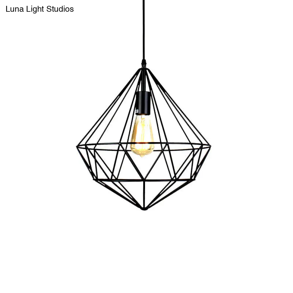 Industrial Black Metal Pendant Ceiling Light With Faceted Cage For Living Room