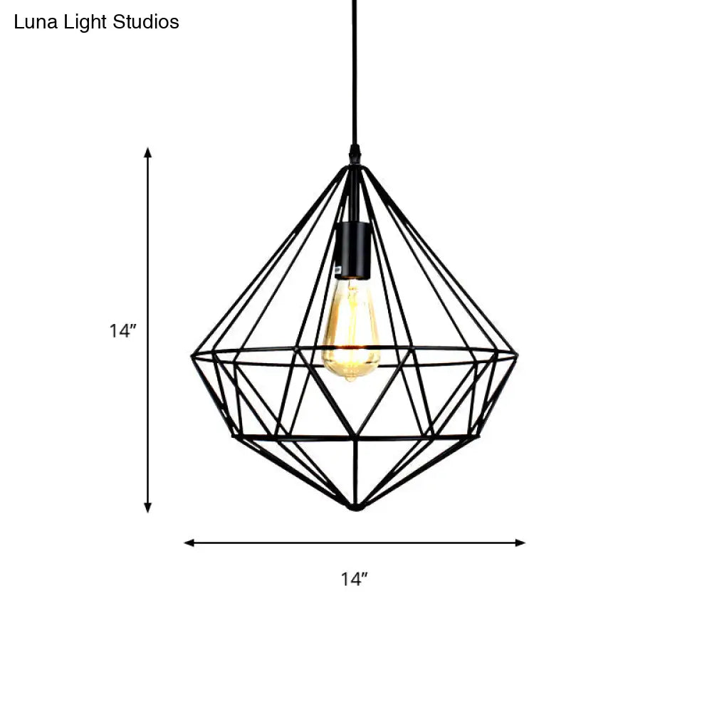 Industrial Faceted Cage Metal Pendant Ceiling Light In Black For Living Room - 1 Bulb