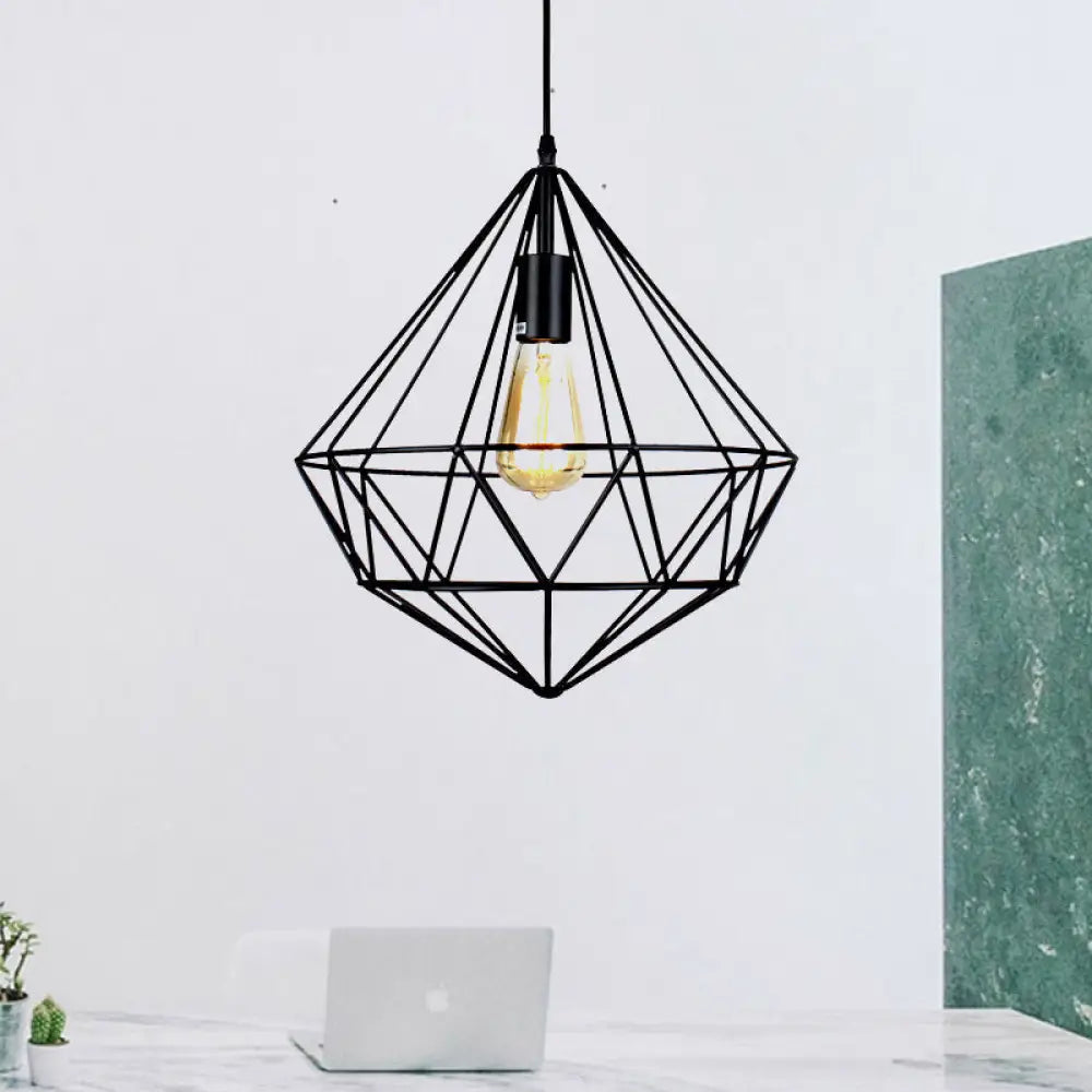 Industrial Faceted Cage Metal Pendant Ceiling Light In Black For Living Room - 1 Bulb