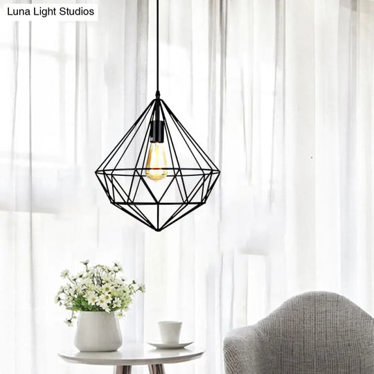 Industrial Black Metal Pendant Ceiling Light With Faceted Cage For Living Room