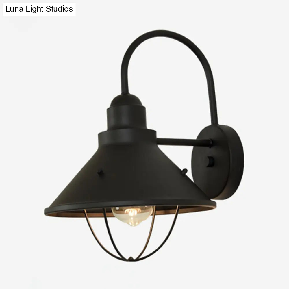 Industrial Flare Sconce Light: Black Metal Outdoor Fixture With Cage