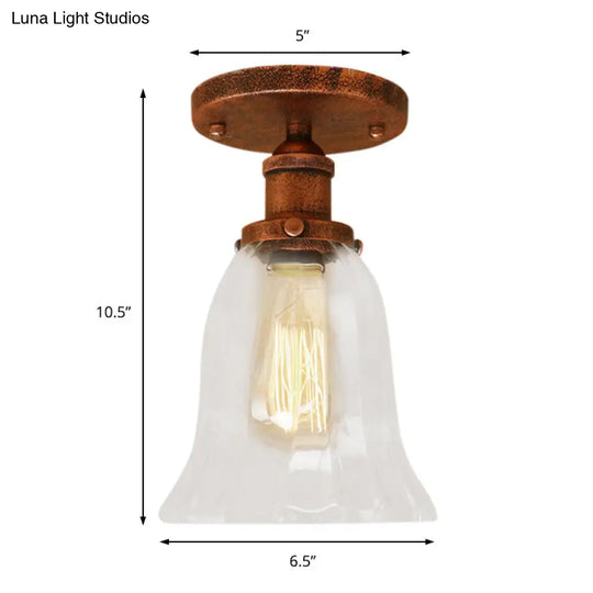 Industrial Flared Glass Semi Flush Mount Light With Clear Bulb In Black/Bronze/Copper
