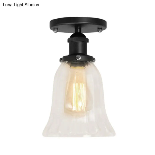 Industrial Flared Glass Semi Flush Mount Light With Clear Bulb In Black/Bronze/Copper