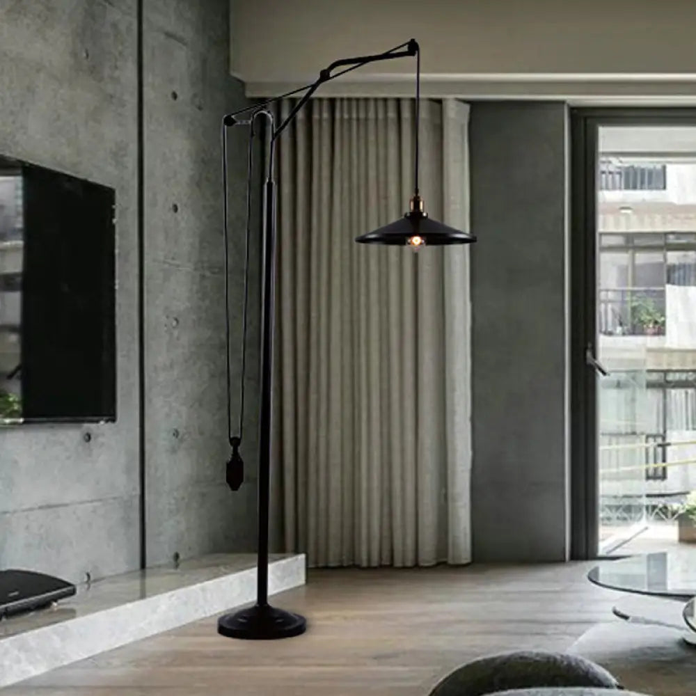 Industrial Flared Shade Metal Floor Lamp - Rotatable 1 Light Standing In Black For Living Room